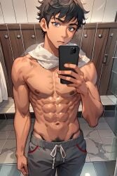 1boy abs ai_generated bangs bara black_hair blue_eyes cellphone gay grey_pants holding holding_phone indoors large_pectorals looking_at_viewer male_focus male_only male_pubic_hair muscular muscular_male navel nipples original original_character pants parted_lips pectorals phone pubic_hair short_hair smartphone solo sweatpants tiles topless_male towel towel_around_neck underwear