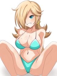 aqua_bikini arms_behind_back bare_shoulders blonde_hair blue_eyes feet_out_of_frame female hair_over_one_eye large_breasts legs_spread looking_at_viewer mario_(series) navel nintendo princess_rosalina simple_background sitting smile super_mario_bros. super_mario_galaxy teeth wet white_background