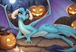 ai_generated blue_body blue_skin dragon dragon_girl female friendship_is_magic halloween hasbro horn my_little_pony nude open_mouth princess_ember pussy red_eyes smile solo spikes