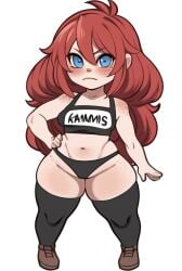 , 1girl, ai_generated anime_style, black_thighhighs, blue_eyes, blush, body_freckles, brown_footwear, freckle, hand_on_hip, long_hair, looking_at_viewer, navel, red_hair, shoe, shortstack sports_bra, thick_thighs, thighhighs,