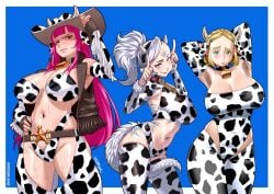 2024 2d 2d_(artwork) 3girls blonde_female blonde_hair bodily_fluids breath_of_the_wild character_request cow_print cowboy_hat cowgirl cowgirl_outfit female high_resolution highres hololive hololive_english humanoid light-skinned_female light_skin long_hair mori_calliope nintendo pink_hair princess_zelda pubic_hair rockaroll sweat sweaty trio white_hair zelda_(breath_of_the_wild)