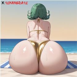 ai_generated back_view beach big_butt bikini bubble_butt golden_bikini huge_ass one-punch_man presenting_ass sweating tatsumaki watermark