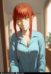 1girls ai_generated bangs blurry_background breasts chainsaw_man cleavage eyes indoors long_hair makima_(chainsaw_man) plant ponytail pov red_hair room smiling smiling_at_viewer thats_euphoria white_skinned_female yellow_eyes