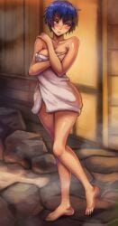 1girls blue_eyes blue_hair blush blush breasts embarrassed hot_spring medium_breasts naked_towel persona persona_4 shirogane_naoto short_hair stone_path toasty_scones towel water