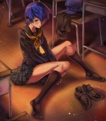 1girls black_shirt black_skirt blue_eyes blue_hair breasts desk hat looking_at_viewer medium_breasts neckerchief on_floor persona persona_4 sailor_collar school_uniform shirogane_naoto shirt shoes short_hair skirt socks toasty_scones unworn_clothes