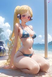 1girls ai_generated bikini blonde_hair blush embarrassed female female_only hibari_(one_piece) long_hair marshalperv one_piece pervmarshal pink_eyes pony sitting small_breasts solo tagme teenager thick_thighs