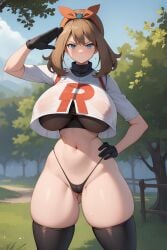 1girls ai_generated alternate_breast_size big_breasts blue_eyes breasts brown_hair cameltoe female female_focus female_only game_freak huge_breasts large_breasts light-skinned_female light_skin may_(pokemon) nintendo nipples_visible_through_clothing pai-roid pokemon short_hair solo solo_female solo_focus team_rocket thick_thighs tight_clothing