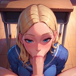 1futa 1girls ai_generated blonde_hair blowjob blue_eyes futa_on_female futa_pov futanari pasart pov schoolgirl teenager