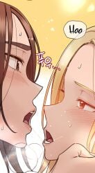 blonde_hair blush brown_eyes brown_hair daughter incest keep_it_a_secret_from_your_mother kissing mother mother_and_daughter na-yeon open_mouth saliva_trail sweat webtoon yeon-ah yuri