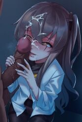 1boy big_penis big_penis_adoration black_pantyhose blush brown_hair commentary_request cum cum_in_mouth cum_on_hair dark-skinned_male dark_skin diestren erection facial female fingernails girls'_frontline hair_between_eyes half-closed_eyes handjob heart heart-shaped_pupils heavy_breathing highres jewelry large_penis long_hair long_sleeves looking_up no_pants one_side_up pantyhose parted_lips penis penis_awe penis_on_face ring scar scar_across_eye scar_on_face shirt signature simple_background smile straight symbol-shaped_pupils testicles ump45_(girls'_frontline) uncensored wedding_ring white_shirt yellow_eyes