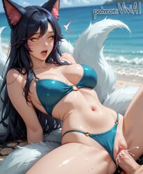 1boy 1girls ahri ahri_(league_of_legends) ai_generated bangs black_hair cum cum_in_pussy cum_inside female fox_ears fox_girl fox_tail league_of_legends league_of_legends:_wild_rift male pussy seaside sex swimsuit tagme vagina vaginal_penetration viviai yellow_eyes