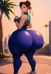 1girls ai_generated asian asian_female ass bare_arms big_ass big_breasts brown_eyes brown_hair bubble_ass bubble_butt caked_up cakedai capcom chun-li curvaceous earrings female female_only hair_ornament huge_ass hyper_ass light-skinned_female light_skin muscular_arms outdoors street_fighter sunset thick thick_ass thick_thighs voluptuous voluptuous_female