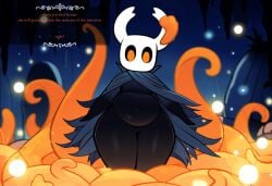 absurd_res ai_generated anthro arthropod beetle cloak clothing elateroid firefly hellsonger hi_res hollow_knight horn insects looking_at_viewer navel night outside protagonist_(hollow_knight) solo team_cherry text the_infection_(hollow_knight) thick_thighs vessel_(species) wide_hips