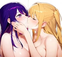 ai_generated blonde_hair closed_eyes cum_kiss cum_on_breasts cum_on_face daughter face_grab hoshino_ai hoshino_ruby incest large_breasts mother mother_and_daughter naked nude oshi_no_ko purple_eyes purple_hair star_eyes yuri