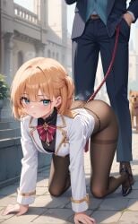 1girls ai_generated black_panties canine cute leash pantyhose rengoart slave yellow_hair