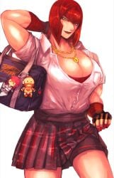 1girls backpack bangs big_breasts breasts clavicle cleavage clothing cowboy_shot diagonal_bangs female green_eyes highres huge_breasts large_breasts looking_at_viewer marisa_rossetti muscle muscular muscular_female painted_nails red_hair school_uniform schoolgirl short_hair sidelocks smile solo solo_female street_fighter street_fighter_6 thick_thighs thighs white_background zmnjo1440