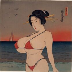 ai_generated areola_slip areolae_slip boat borita covered_nipples cowboy_shot erect_nipples female hair_ornament hair_stick keisai_eisen_(style) lipstick micro_bikini navel ocean red_bikini red_lips red_lipstick sea ship ukiyo-e