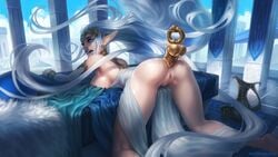 1girls ahe_gao anal anal_insertion anal_object_insertion anal_sex anus ass bed bent_over big_ass big_breasts big_butt blue_eyes bottomless breasts calm_(artist) deep_penetration dildo earrings elf exposed exposed_ass exposed_pussy female female_only glowing_eyes huge_breasts long_hair looking_at_viewer looking_back open_mouth pointy_ears pussy realistic sex sex_toy sideboob silver_hair solo spread_legs thick_thighs tongue tongue_out vagina