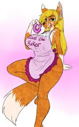 alruic anthro apron breasts canid canine clothed clothing cum cum_on_breasts cum_on_face curvaceous doughnut female food fox looking_at_viewer mammal simple_background smile solo tongue tongue_out