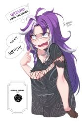 1girls breasts confused large_breasts long_hair michi_mochievee midriff myth1c open_mouth purple_hair red_eyes see-through see-through_clothing shirt_overhang solo text two-tone_hair virgin virtual_youtuber vshojo white_hair