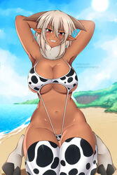 animal_ears animal_legs beach big_breasts bikini breasts caprine clothing cow_print curvy dark-skinned_female dark_skin female female_only hair hooves horns lindaroze monster_girl monster_musume_no_iru_nichijou saane_(monster_musume) satyr seductive solo zaane