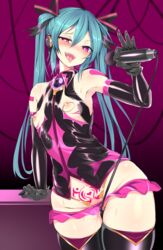 aqua_hair arm_support armpits black_gloves blush breasts breasts_out corruption dark_persona dripping_pussy elbow_gloves female gloves hair_between_eyes hatsune_miku heart heart-shaped_pupils highres long_hair microphone nipple_piercing nipple_rings nipples piercing pink_eyes pubic_tattoo small_breasts solo sukage symbol-shaped_pupils tattoo thick_thighs thighhighs tongue tongue_out twintails vocaloid