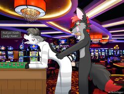 animal_genitalia anthro black_fur black_hair canid canine casino fox from_behind_position fur green_eyes grey_fur hair hi_res kiba_spiritstone male mammal penis red_fur red_hair roulette roulette_table sex sheath slot_machine solitaire text_box tongue tongue_out white_fur