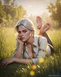 ai_generated breasts ciri clothing feet feet_up female green_eyes light-skinned_female looking_at_viewer mascara matrixias scar solo the_witcher_(series) the_witcher_3:_wild_hunt white_hair