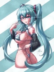 bikini blush hatsune_miku looking_at_viewer phlyo_(phlyantrophy) pulling_panties smug striped_bikini stripes sweat tongue_out