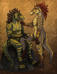 absurd_res anthro bodypaint breasts couple_(disambiguation) dewclaw dinosaur dromaeosaurid duo female gold hi_res male male/female nipples nude prehistoric_species prompt reptile rock scalie secrets_of_uncrom simple_background tail teeth theropod totectic uncrom utahraptor yenocwolf