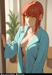 1girls ai_generated bangs blurry_background breasts chainsaw_man cleavage eyes indoors long_hair makima_(chainsaw_man) open_clothes plant ponytail pov red_hair room smiling smiling_at_viewer thats_euphoria white_skinned_female yellow_eyes