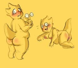 alphys anthro ass blush breasts eyewear female glasses lizard looking_at_viewer looking_back mammal nude open_mouth presenting presenting_hindquarters pussy raised_tail reptile scalie simple_background smile solo surprise sweat tourmalice undertale video_games