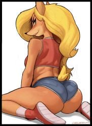 1girls anthro ass back back_view backboob bandicoot big_ass bimbo blonde_hair blue_shorts blush bottomwear bubble_ass bubble_butt chelodoy crash_(series) crash_(series) crop_top ear female female_only footwear green_eyes hair huge_ass long_hair looking_back shoes shorts solo solo_female tail tawna_bandicoot thighs topwear