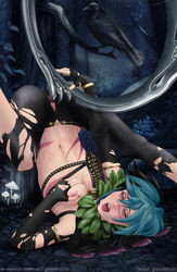 blue_hair blush breast_grab breast_squeeze breasts cross-eyed feathers female grabbing greenlettece highres hoop mole mouth multicolored_hair navel nipples object_insertion pussy saliva scar solo soul_calibur soul_calibur_vi stomach tira torn_clothes torn_legwear upside-down weapon