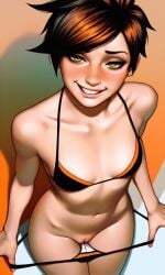 ai_generated bikini female high-angle_view lena_oxton overwatch pulling_down_panties pussy realistic short_hair skinny small_breasts smug tracer underwear_pull