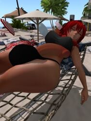 3d beach big_cock big_penis closed_eyes dark_skin futa_only futanari gnome huge_cock red_hair second_life sleeping solo_female sun_chair topwear undearwear yenizza_railtorque