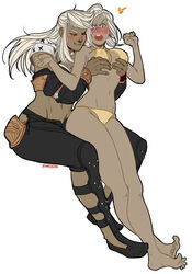 2girls bikini blonde_hair blush breast_grab breasts covered_nipples dark-skinned_female dark_skin erilsa_(leadleaf) female final_fantasy final_fantasy_xiv hinokit medium_breasts roegadyn toes yuri