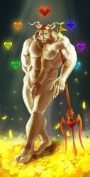 absurd_res anthro asgore_dreemurr beard blonde_hair boss_monster_(undertale) bovid caprine digital_media_(artwork) facial_hair fur genitals hair hi_res horn long_ears male male_only mammal muscular muscular_male nipples nude penis puffer_puff solo undertale undertale_(series)