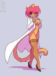 1girls 2019 anthro bottomless breasts clothed clothing conditional_dnp domestic_cat eyewear felid feline felis female footwear fur glasses grey_background hair high_heels jolly_jack lab_coat legwear mammal maxi_(jollyjack) outerwear pink_hair pubes red_eyes shoes simple_background solo stockings tan_fur thighhighs