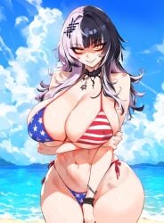 ai_generated american_flag_bikini artist_upload beach big_breasts bikini breasts female female_only grin hololive hololive_english light-skinned_female looking_at_viewer pale-skinned_female shiori_novella solo solo_female tagme thick_thighs virtual_youtuber wide_hips