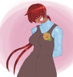 1girls big_breasts big_breasts clothed cute dress earring female flower hands_behind_back heart king_of_fighters long_hair long_sleeves looking_at_viewer ponytail red_hair shermie_(kof) smile smiley_face smiling smiling_at_viewer tan tan_skin tied_hair twintails wide_hips