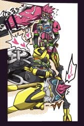 2boys armor armored_male belt bike blue_eyes censor_bar censored censored_penis creampie cum cum_inside ejaculation from_behind from_behind_position gay gay_sex heart heart_symbol heavy_breathing helmet japanese_text kamen_rider kamen_rider_ex-aid kamen_rider_ex-aid_(series) kamen_rider_lazer living_machine living_vehicle looking_at_partner looking_down male male/male male_focus male_only mask masked masked_male mechanophilia motorcycle objectophilia on_side orange_eyes orgasm penetration penis penis_out pink_armor pink_penis standing swirly_eyes tailpipe tailpipe_penetration text twitch_lines twitching x-ray yaoi yellow_body