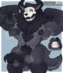 anthro balls barazoku big_balls big_penis black_body bodily_fluids bone canid canine canis demon digital_media_(artwork) erection flexing flexing_bicep flexing_biceps flexing_both_biceps fur genital_fluids genitals hair hi_res horn humanoid humanoid_genitalia humanoid_penis hyper incrediblecrocodile male mammal muscular muscular_anthro muscular_humanoid muscular_male nipples pecs penis simple_background skull skull_head solo tail teeth wolf