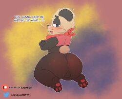 absurd_res anthro anus ass balls bear big_butt blush clothing digital_media_(artwork) english_text fur generation_6_pokemon genitals hi_res lxzylux male mammal nintendo open_mouth pancham pokemon pokemon_(species) simple_background smile solo text