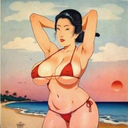 ai_generated arms_behind_head arms_up beach bikini bird black_hair borita breasts cloud covered_nipples female keisai_eisen_(style) lipstick mature_female navel ocean red_bikini red_lips red_lipstick sexy_clothing side-tie_bikini_bottom sky solo sunset swimwear tagme traditional_media_(artwork) ukiyo-e