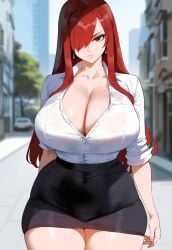 ai_generated brown_eyes cleavage creamy_ai curvy erza_scarlet fairy_tail hair_over_one_eye huge_breasts narrow_waist office_lady pencil_skirt red_hair shirt thick_thighs white_shirt wide_hips