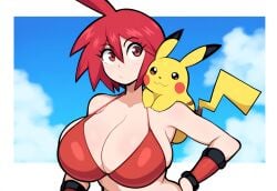 ai_generated female huge_breasts mullon novelai pikachu pokemon pokemon_(species) pokemon_trainer red_hair solo top_heavy