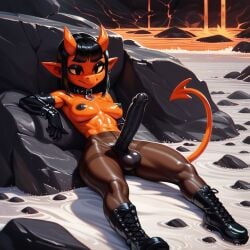 ai_generated balls beach boots collar demon demon_girl foreskin futanari hell imp latex lava pantyhose penis shortstack wrist_cuffs