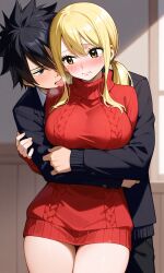 ai_generated black_hair blonde_hair fairy_tail gray_fullbuster kissing lucy_heartfilia pixai red_sweater romantic_couple teasing tongue_out twintails