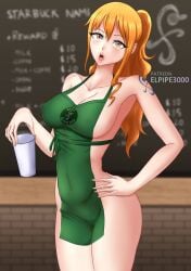 1girls apron breasts brown_eyes chalkboard chalkboard_writing cup elpipe3000 hand_on_hip holding_cup large_breasts looking_at_viewer naked_apron nami one_piece orange_hair ponytail starbucks tattoo tattooed_arm